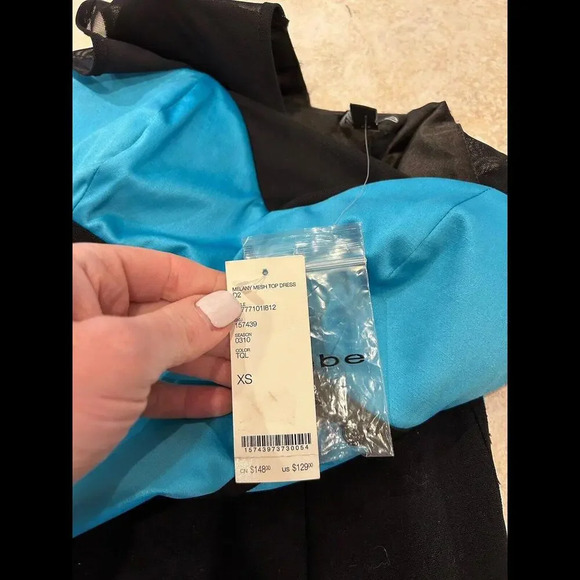Bebe Melany Mesh Top Satin Stretch Turquoise Black Bodycon Pencil Dress XS NWT - Picture 9 of 15